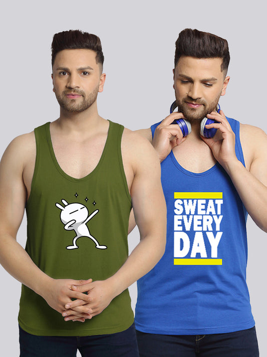 Men's Pack of 2 Olive Green & Blue Printed Gym Vest - Friskers