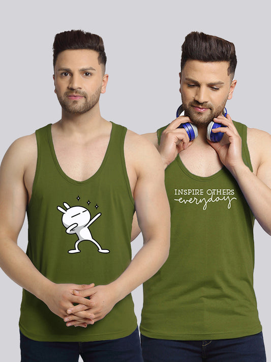 Men's Pack of 2 Olive Green & Olive Green Printed Gym Vest - Friskers