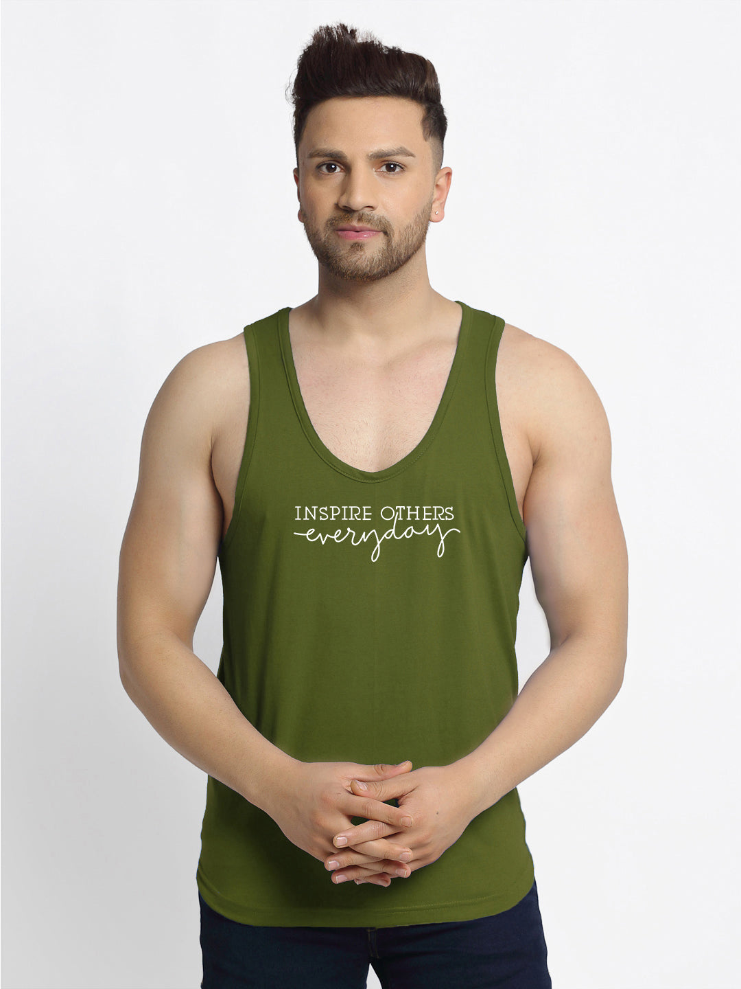 Men's Pack of 2 Olive Green & Olive Green Printed Gym Vest - Friskers