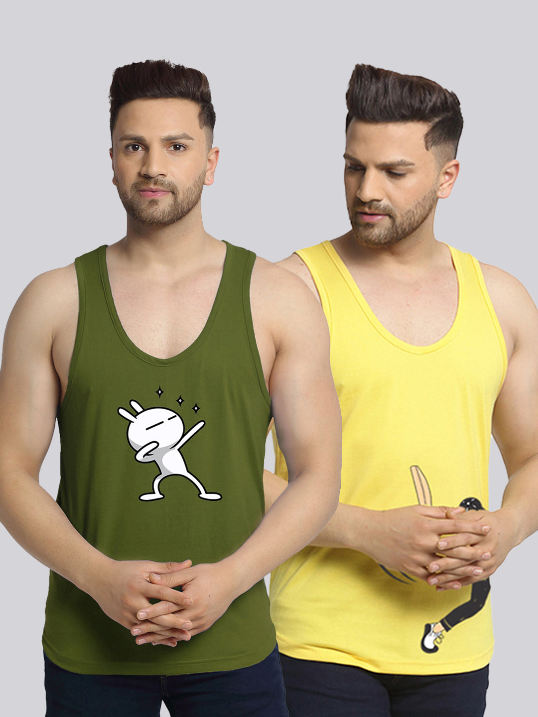 Men's Pack of 2 Olive Green & Yellow Printed Gym Vest - Friskers