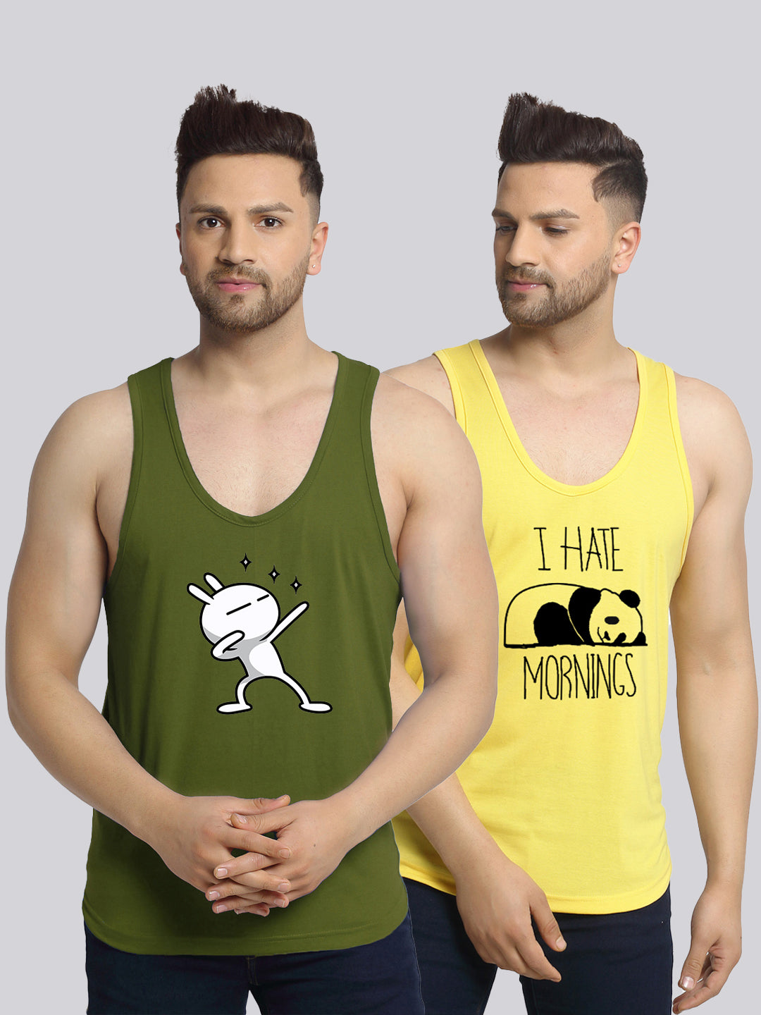 Men's Pack of 2 Olive Green & Yellow Printed Gym Vest - Friskers