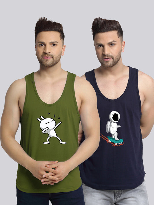 Men's Pack of 2 Olive Green & Navy Printed Gym Vest - Friskers