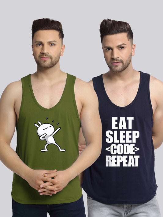 Men's Pack of 2 Olive Green & Navy Printed Gym Vest - Friskers