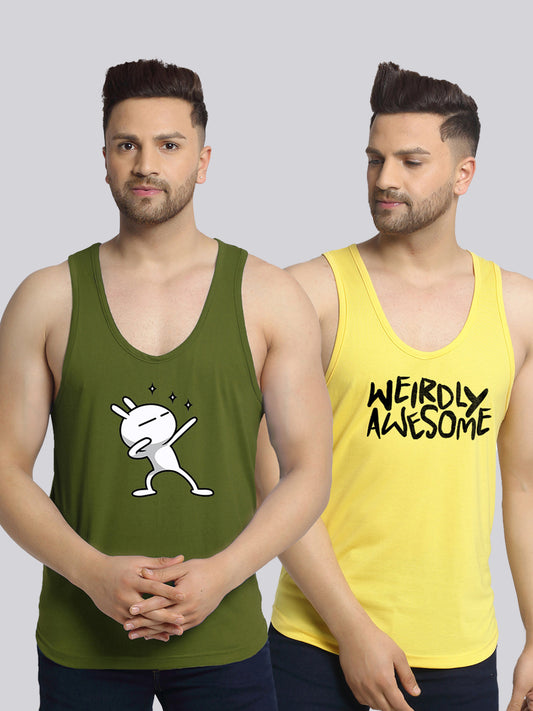 Men's Pack of 2 Olive Green & Yellow Printed Gym Vest - Friskers