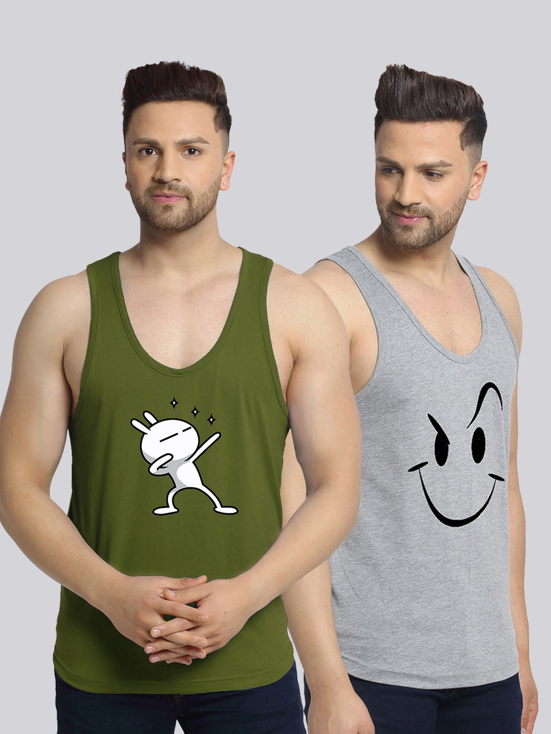 Men's Pack of 2 Olive Green & Grey Printed Gym Vest - Friskers