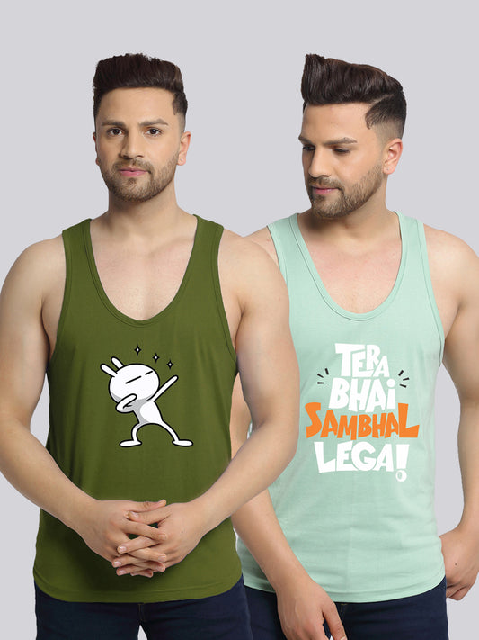 Men's Pack of 2 Olive Green & Pista Printed Gym Vest - Friskers