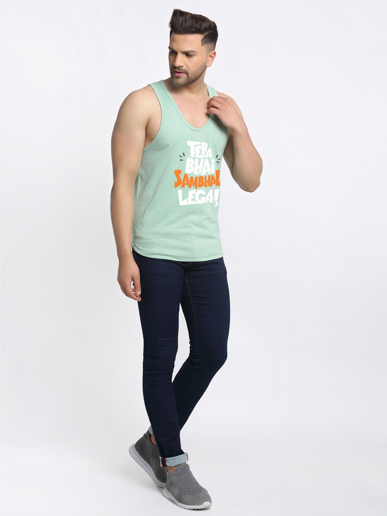 Men's Pack of 2 Olive Green & Pista Printed Gym Vest - Friskers