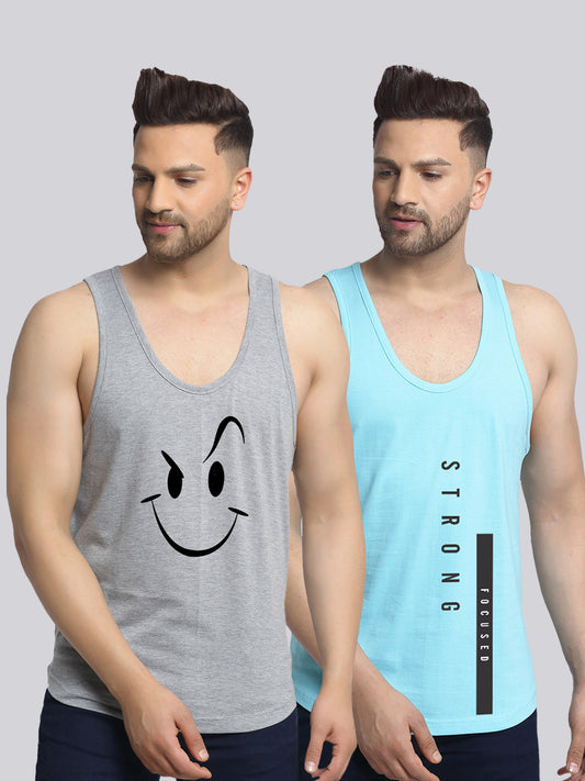 Men's Pack of 2 Grey & Turquiose Printed Gym Vest - Friskers