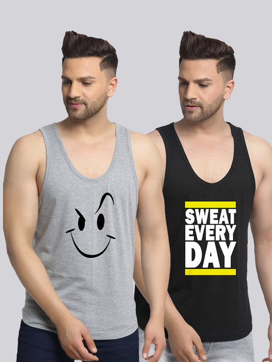 Men's Pack of 2 Grey & Black Printed Gym Vest - Friskers