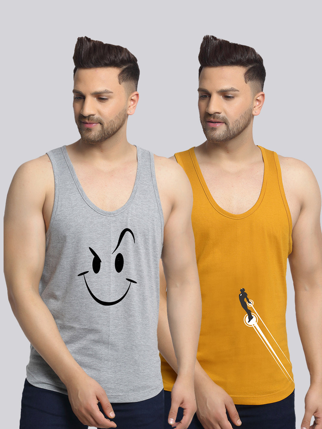 Men's Pack of 2 Grey & Mustard Printed Gym Vest - Friskers