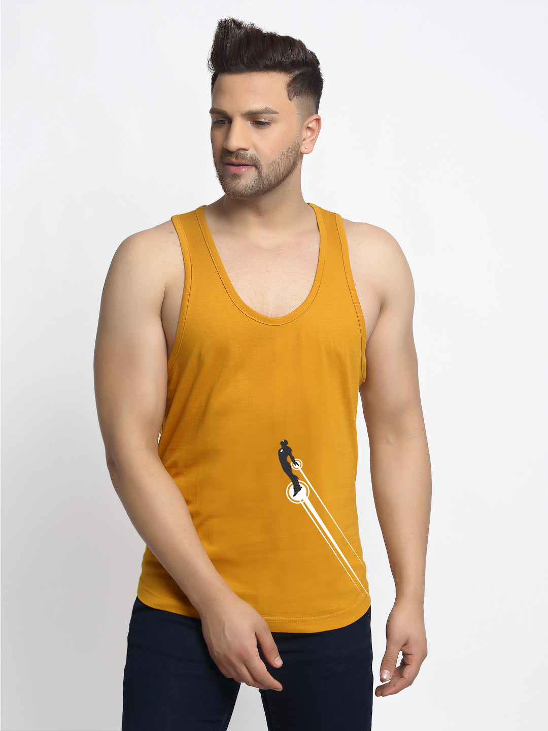 Men's Pack of 2 Grey & Mustard Printed Gym Vest - Friskers