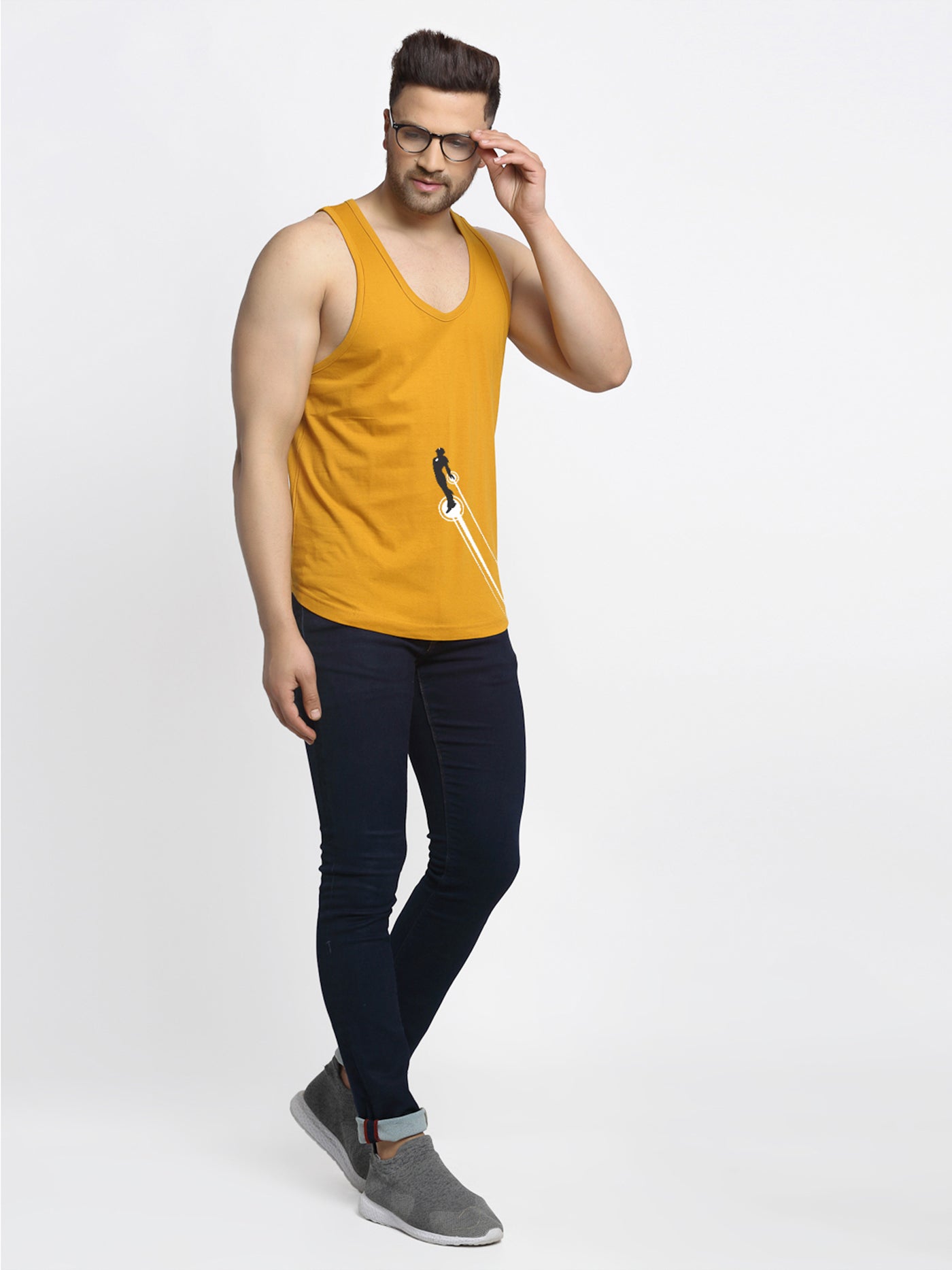 Men's Pack of 2 Grey & Mustard Printed Gym Vest - Friskers