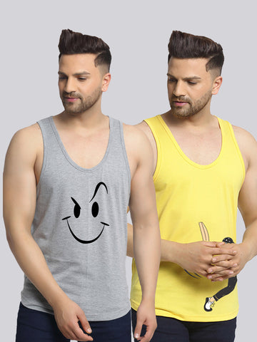 Men's Pack of 2 Grey & Yellow Printed Gym Vest - Friskers