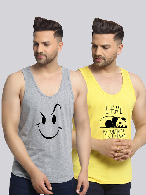 Men's Pack of 2 Grey & Yellow Printed Gym Vest