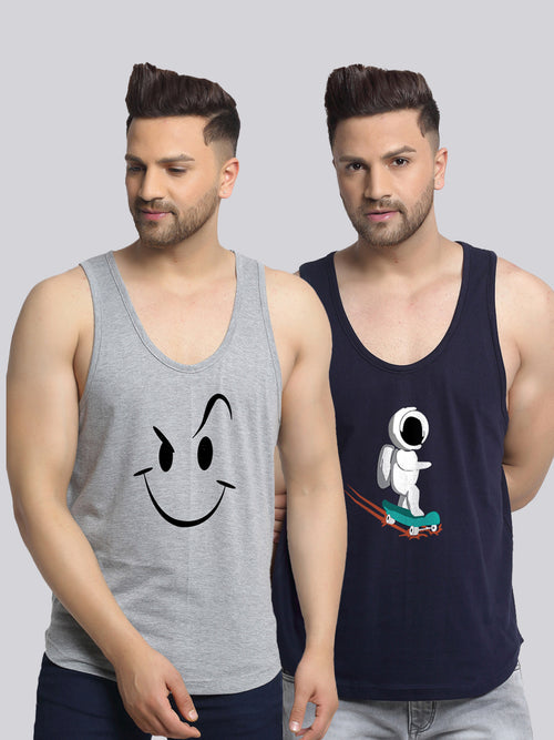 Men's Pack of 2 Grey & Navy Printed Gym Vest