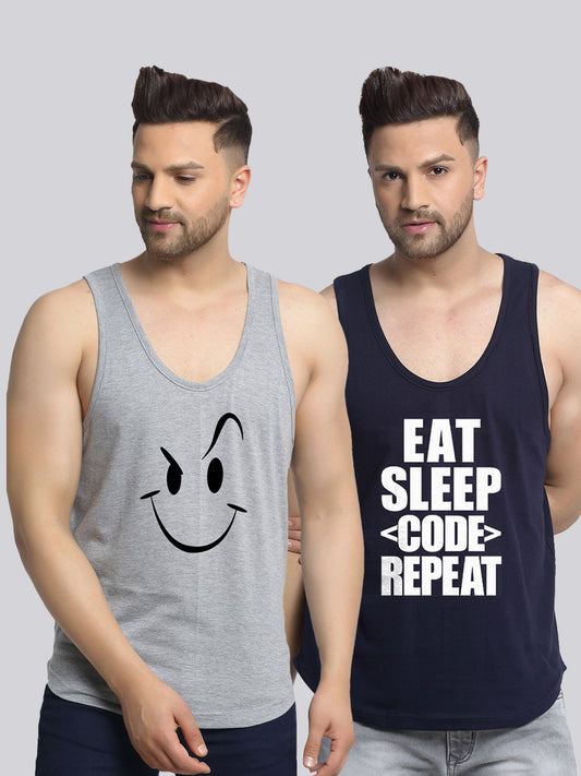 Men's Pack of 2 Grey & Navy Printed Gym Vest - Friskers