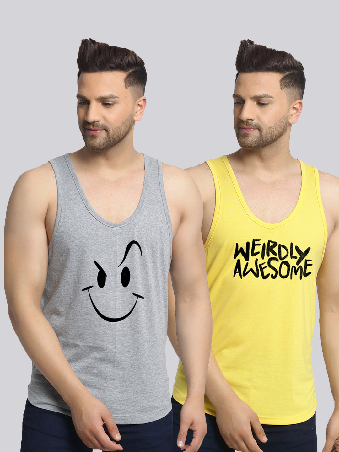 Men's Pack of 2 Grey & Yellow Printed Gym Vest - Friskers