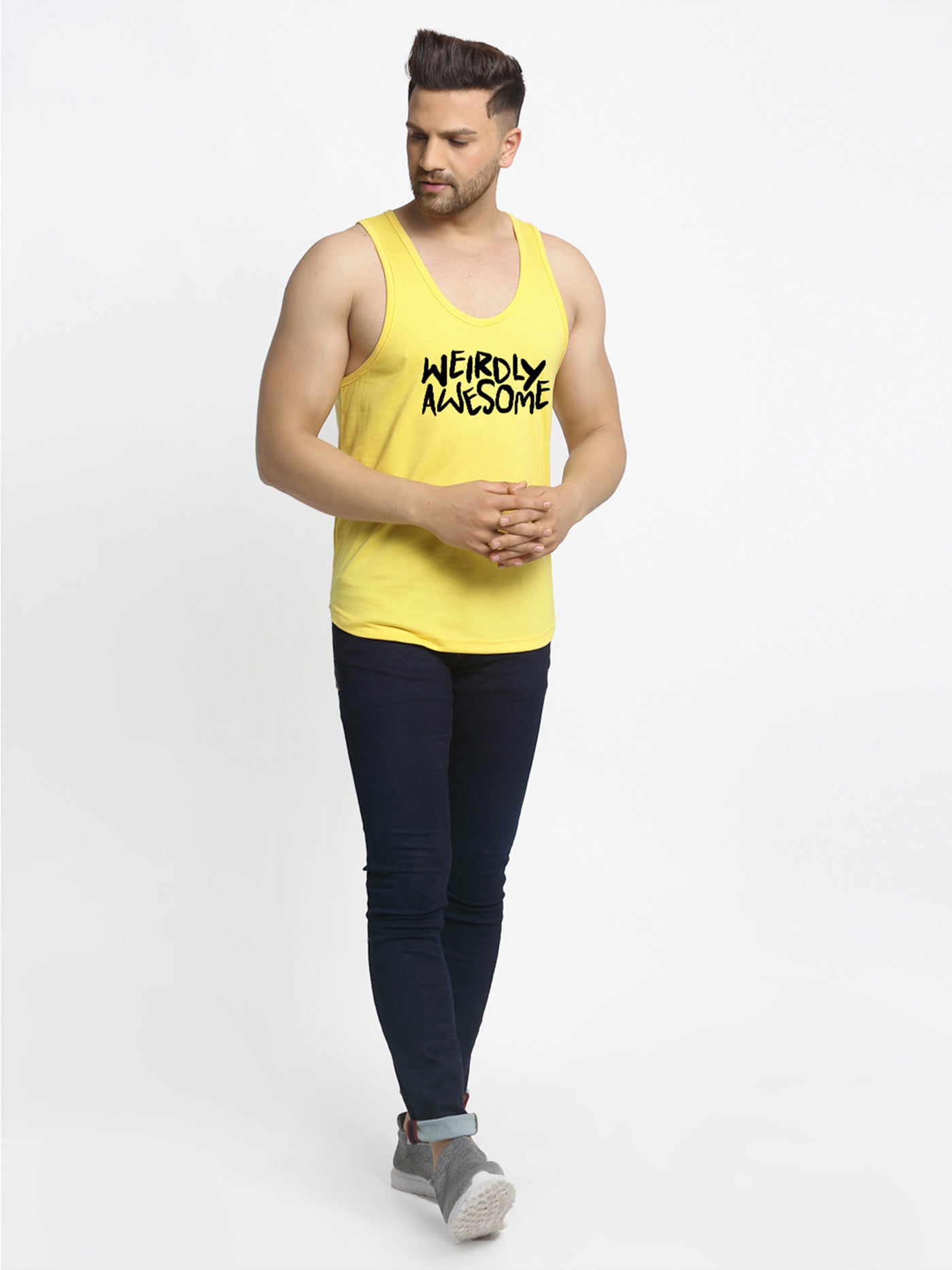 Men's Pack of 2 Grey & Yellow Printed Gym Vest - Friskers