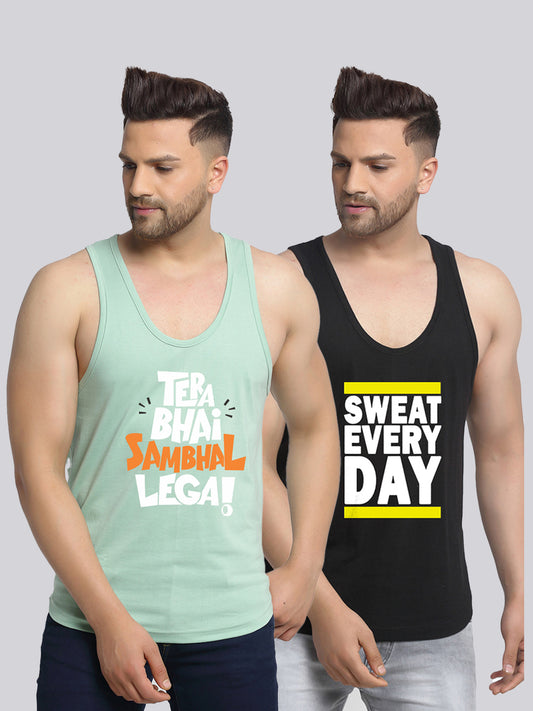 Men's Pack of 2 Pista & Black Printed Gym Vest - Friskers