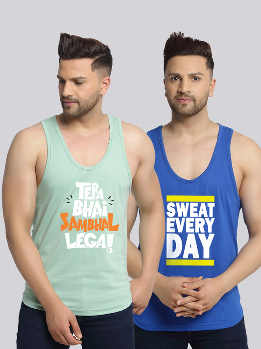 Men's Pack of 2 Pista & Blue Printed Gym Vest - Friskers
