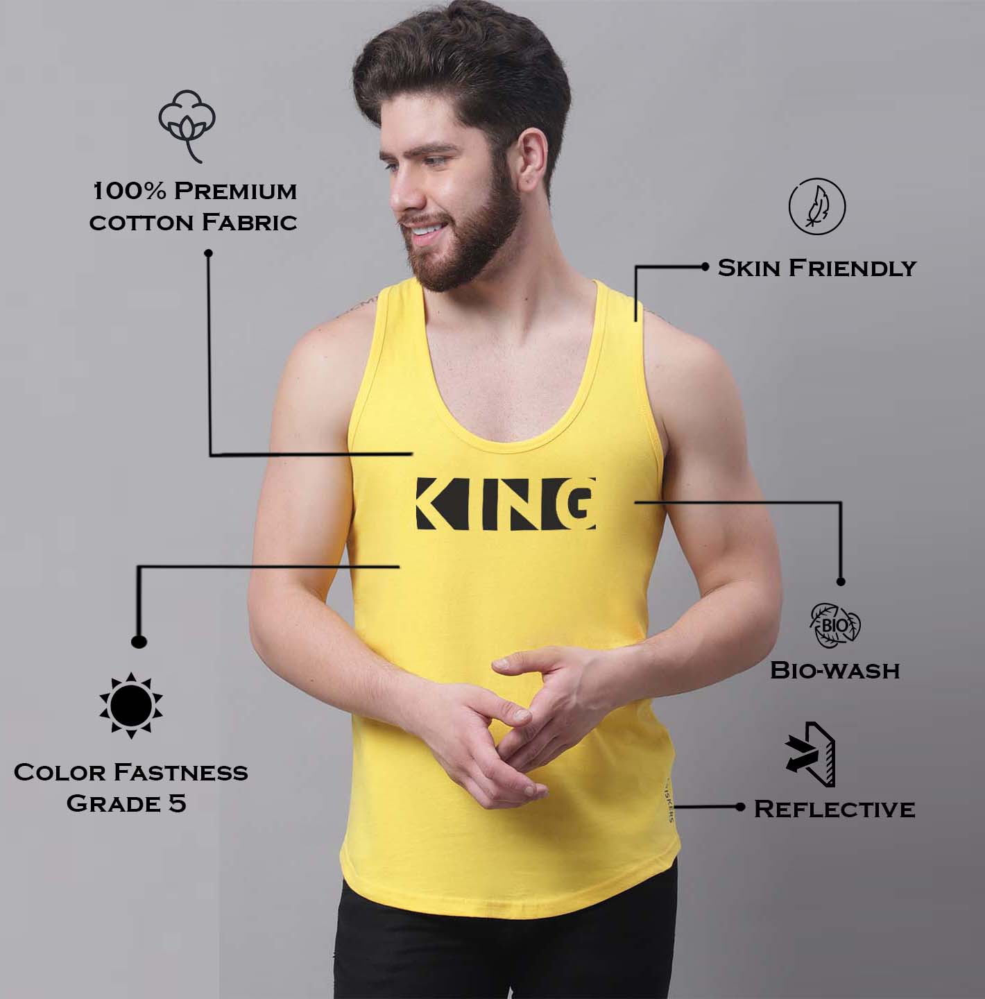 Men's King printed Pure Cotton Gym Vest - Friskers