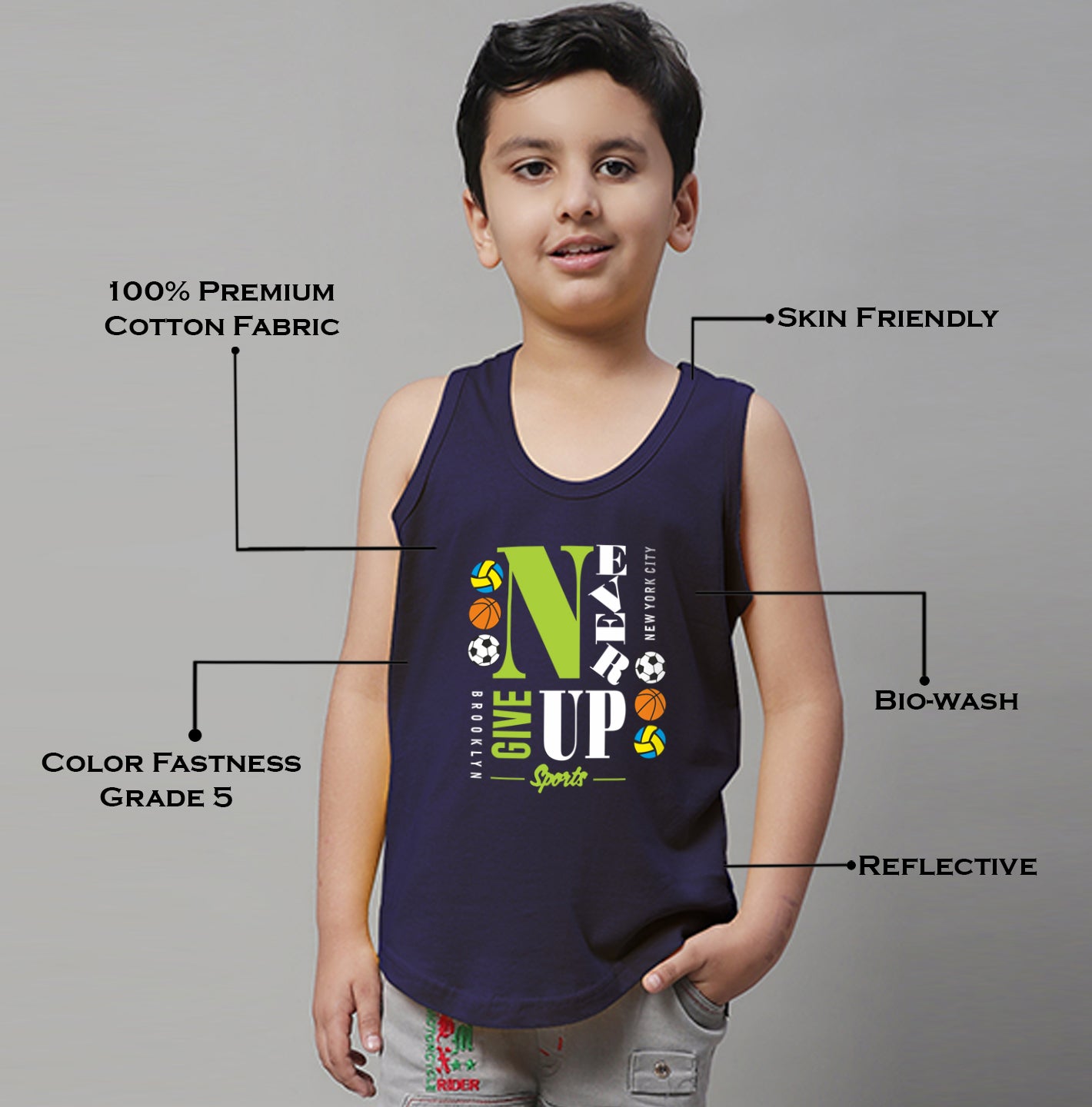 Kids Never Giveup printed Regular Fit Vest - Friskers