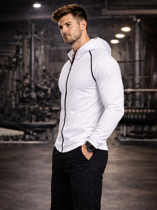Mens White Polyster Compression Gym Hoodie Sweatshirt