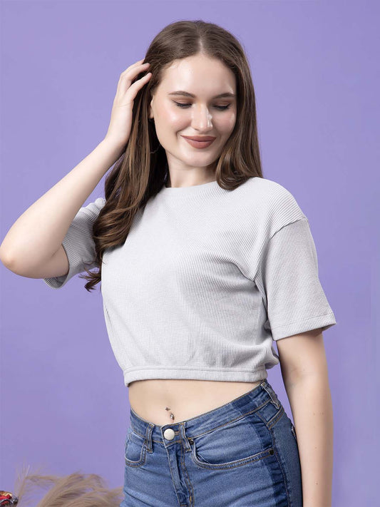 Friskers Women Grey Round Neck Lettuce-Edge Crop Top