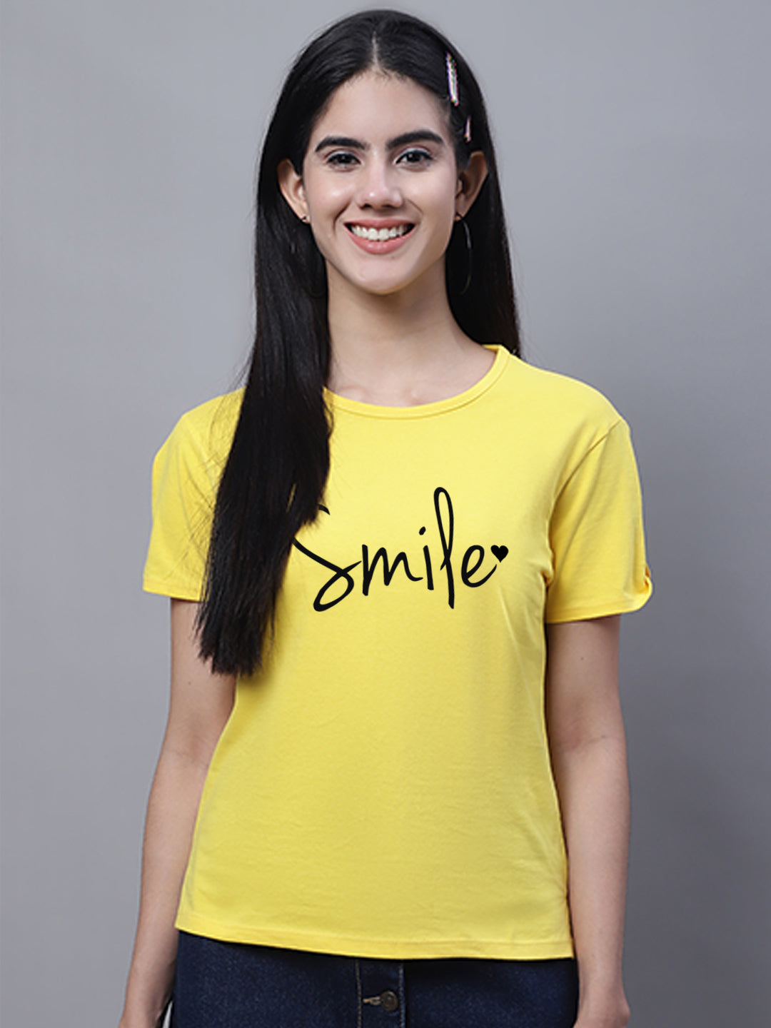 Fbar Women's Smile Printed Cotton T-Shirt with Slit Sleeves - Friskers