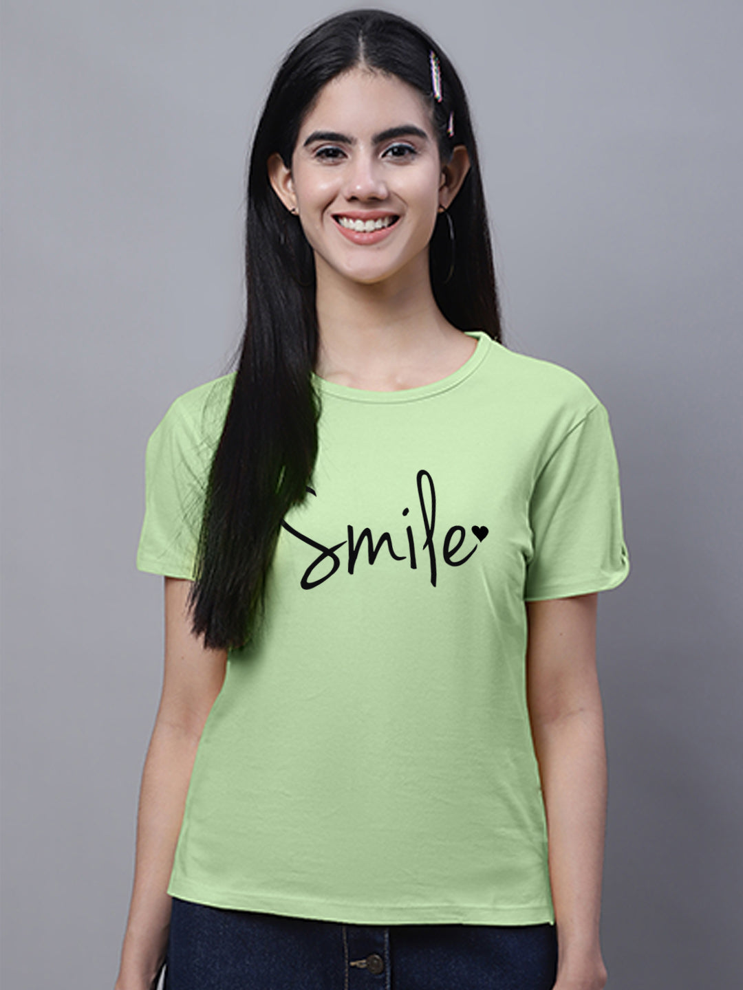 Fbar Women's Smile Printed Cotton T-Shirt with Slit Sleeves - Friskers