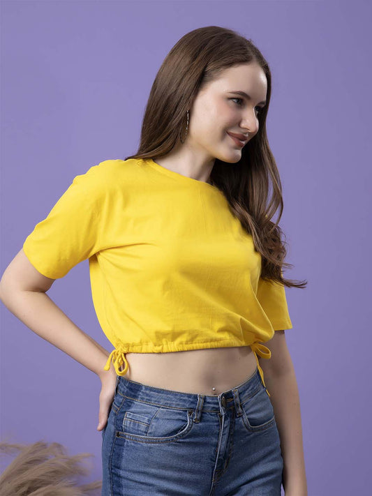 Friskers Women Yellow Round Neck Lettuce-Edge Crop Top