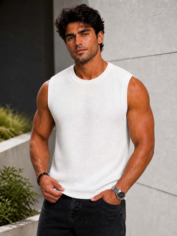 Men Round Neck Waffle Cotton sleeveless T-shirt