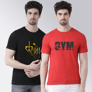 Men's Pack Of 2 Black & Red Printed Half Sleeves T-Shirt - Friskers