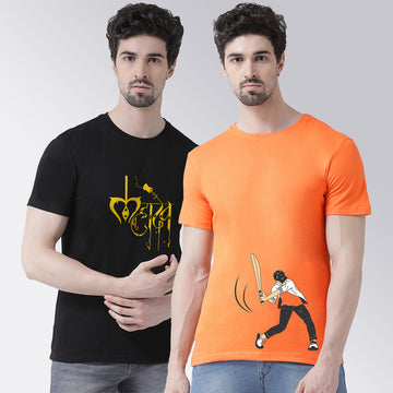 Men's Pack Of 2 Black & Orange Printed Half Sleeves T-Shirt - Friskers