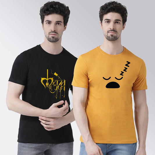 Men's Pack Of 2 Black & Mustard Printed Half Sleeves T-Shirt - Friskers