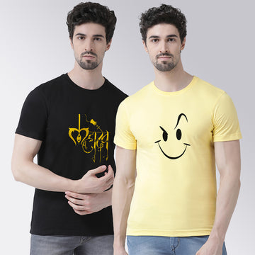 Men's Pack Of 2 Black & Yellow Printed Half Sleeves T-Shirt - Friskers