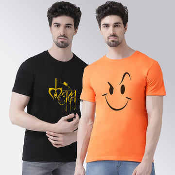 Men's Pack Of 2 Black & Orange Printed Half Sleeves T-Shirt - Friskers