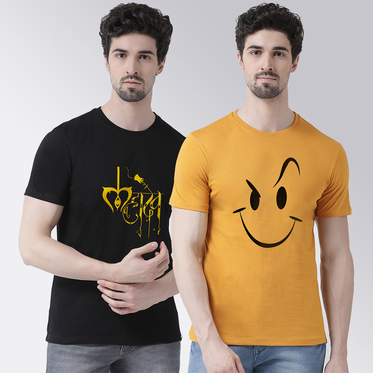 Men's Pack Of 2 Black & Mustard Printed Half Sleeves T-Shirt - Friskers