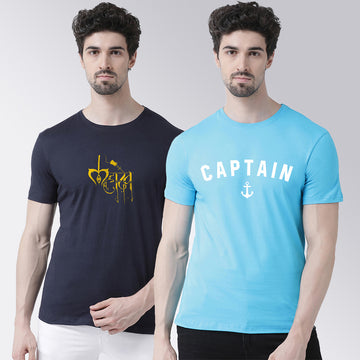 Men's Pack Of 2 Navy & Turquiose Printed Half Sleeves T-Shirt - Friskers