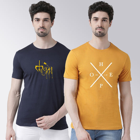 Men's Pack Of 2 Navy & Mustard Printed Half Sleeves T-Shirt - Friskers