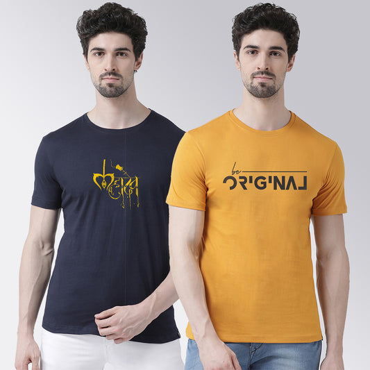 Men's Pack Of 2 Navy & Mustard Printed Half Sleeves T-Shirt - Friskers