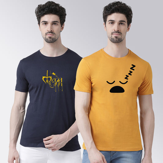 Men's Pack Of 2 Navy & Mustard Printed Half Sleeves T-Shirt - Friskers