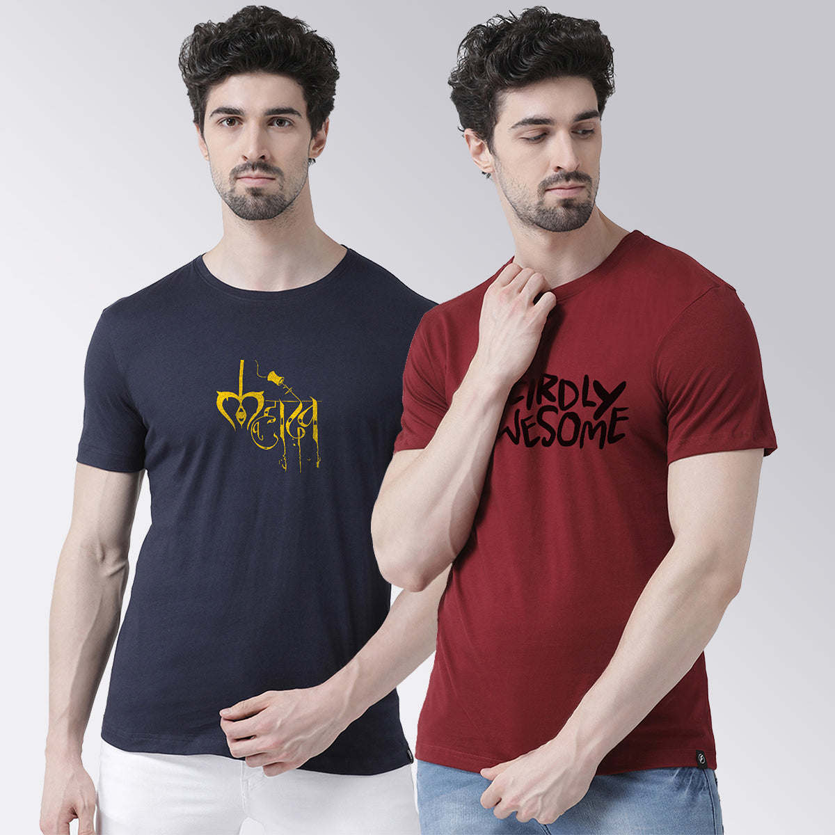 Men's Pack Of 2 Navy & Maroon Printed Half Sleeves T-Shirt - Friskers