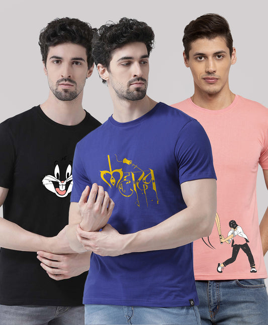 Men Pack Of 3 Printed Half Sleeves T-Shirt - Friskers