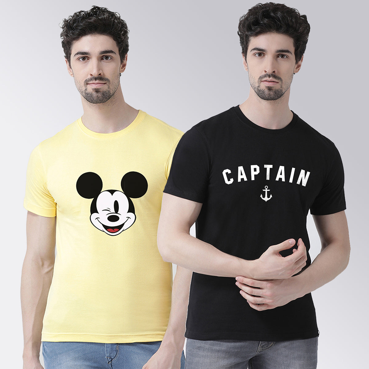 Men's Pack Of 2 Yellow & Black Printed Half Sleeves T-Shirt - Friskers