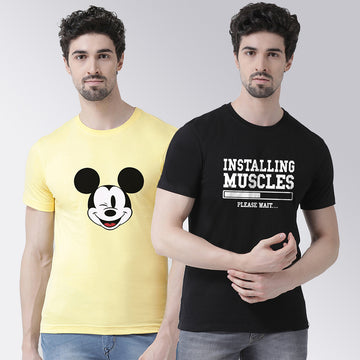 Men's Pack Of 2 Yellow & Black Printed Half Sleeves T-Shirt - Friskers