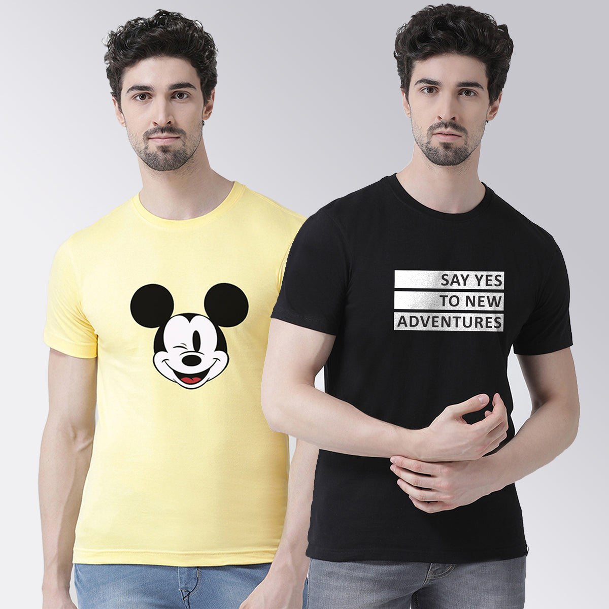 Men's Pack Of 2 Yellow & Black Printed Half Sleeves T-Shirt - Friskers