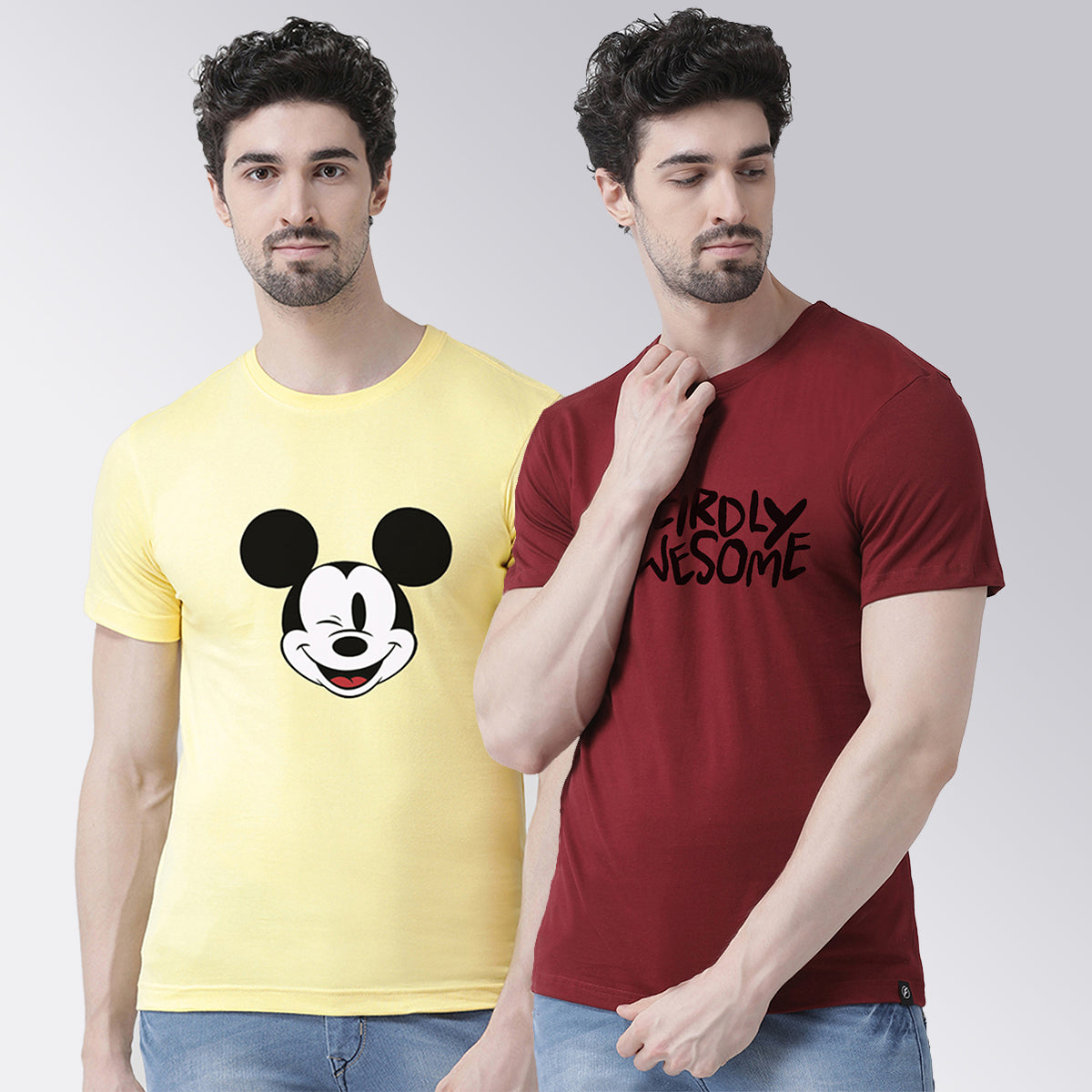 Men's Pack Of 2 Yellow & Maroon Printed Half Sleeves T-Shirt - Friskers