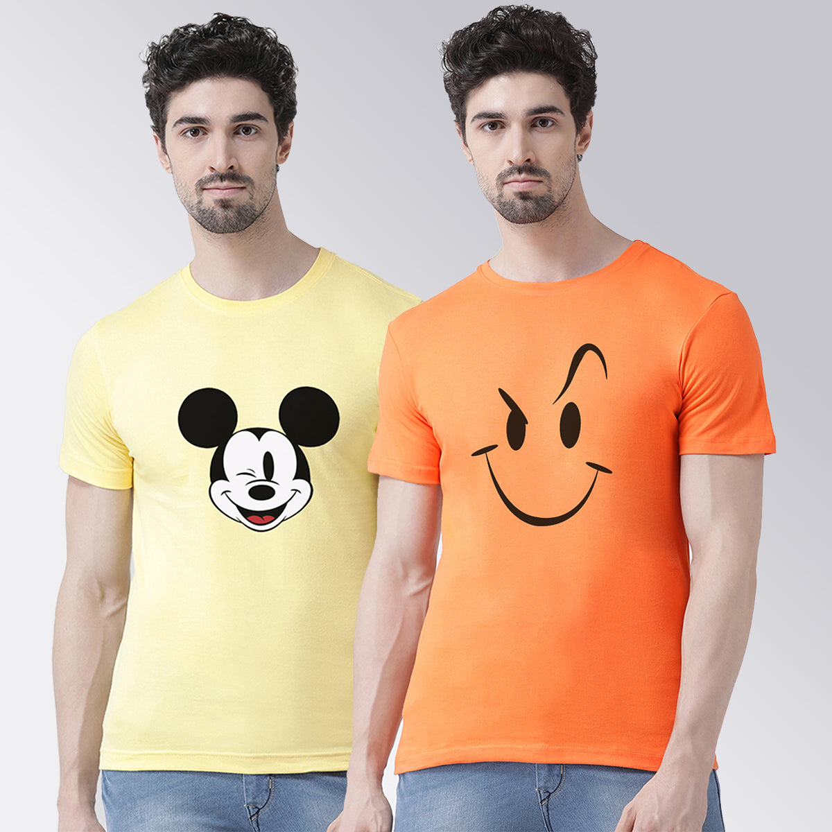 Men's Pack Of 2 Yellow & Orange Printed Half Sleeves T-Shirt - Friskers