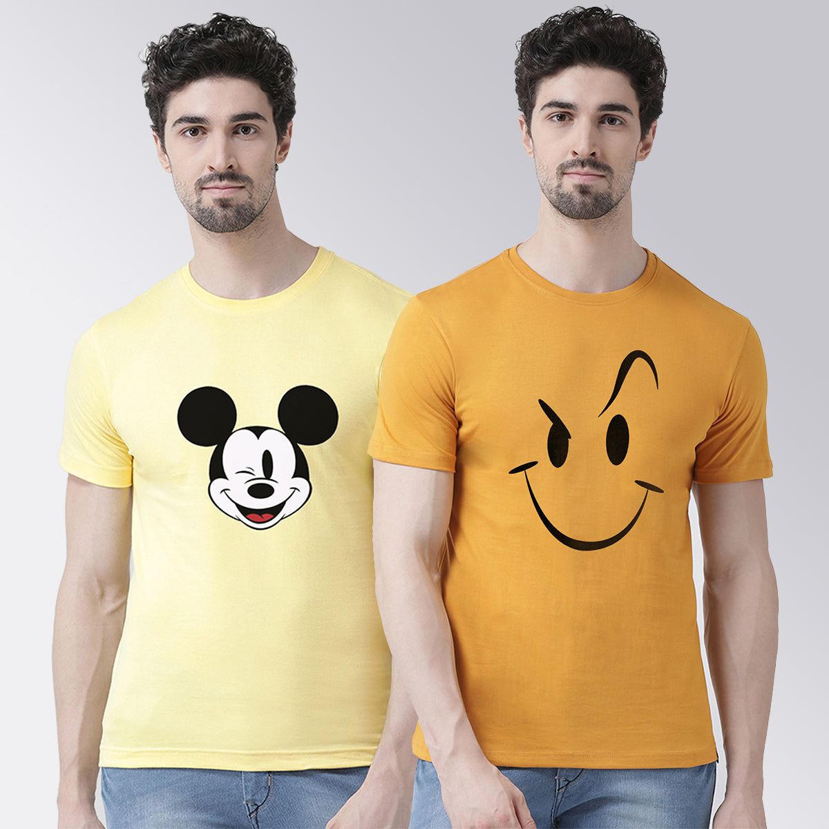 Men's Pack Of 2 Yellow & Mustard Printed Half Sleeves T-Shirt - Friskers